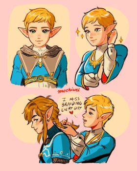 Rule 34 | 1boy, 1girl, artist name, blonde hair, braiding another's hair, braiding hair, closed mouth, commentary, cropped arms, cropped torso, english text, eyelashes, green eyes, hairdressing, hand in own hair, heart, highres, hood, hood down, link, long sleeves, medium hair, mochiwei, multiple views, nintendo, official alternate hair length, official alternate hairstyle, pixie cut, pointy ears, princess zelda, prototype design, short hair, sidelocks, simple background, smile, sparkle, symbol-only commentary, the legend of zelda, the legend of zelda: tears of the kingdom, turtleneck, very short hair