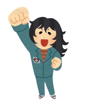 1girl :d adr3ki anya_(mouthwashing) arm_up bad_id bad_twitter_id black_hair blue_jumpsuit clenched_hands cross cross_print determined from_above full_body heart heart_print irasutoya jumpsuit lapels long_hair mifune_takashi_(style) mouthwashing notched_lapels nurse open_mouth parody sandals smile socks solid_oval_eyes solo standing style_parody sweater v-shaped_eyebrows