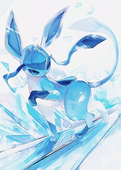 animal_focus blue_eyes blue_fur blue_sclera colored_sclera full_body gen_4_pokemon glaceon highres ice kodak_painter nintendo no_humans pokemon pokemon_(creature) pokemon_focus solo tail