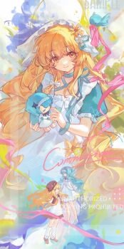 3girls absurdres aqua_dress aqua_hair aqua_ribbon bird blonde_hair blush bow brown_eyes brown_hat closed_mouth commentary commission dress flower frilled_dress frills hair_between_eyes hair_flower hair_ornament hat highres holding holding_toy long_hair looking_at_viewer loose_socks multicolored_dress multiple_girls original pink_ribbon ribbon sample_watermark shaokao_lajitong short_sleeves sidelocks socks standing toy two-tone_dress veil watermark white_bow white_dress white_flower white_socks white_veil yellow_flower