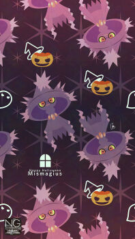 closed_mouth colored_sclera gen_4_pokemon ghost halloween hat highres jack-o&#039;-lantern looking_at_viewer meme_(sleepsheep) mismagius nintendo no_humans pokemon pokemon_(creature) pokemon_focus pumpkin red_eyes witch_hat yellow_eyes yellow_sclera