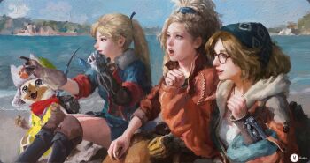 3girls absurdres alma_(monster_hunter_wilds) blonde_hair blue_sky boots felyne gemma_(monster_hunter_wilds) glasses hat highres impasto jacket light_smile looking_to_the_side monster_hunter_(series) monster_hunter_wilds multiple_girls ponytail shore sitting sky surprised tagme water xianggang_jizhe
