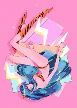 1girl absurdres animal_print bikini blue_hair boots breasts cone_horns full_body hashtag-only_commentary highres horns knee_boots lightning_bolt_symbol long_hair lum pochi_(askas_is_god) print_bikini print_boots sidelocks solo swimsuit tiger_print upside-down urusei_yatsura