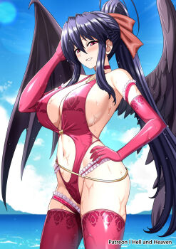 1girl angel_wings artist_name asymmetrical_wings black_hair black_wings blue_sky breasts choker cleavage cloud day demon_wings elbow_gloves female_focus gloves hand_on_own_hip hellandheaven high_ponytail high_school_dxd highres himejima_akeno large_breasts long_hair looking_at_viewer mismatched_wings navel ocean one-piece_swimsuit outdoors oversized_wings patreon_username pink_gloves pink_one-piece_swimsuit pink_thighhighs ponytail purple_eyes sky solo stomach swimsuit thighhighs very_long_hair water wet wings