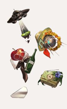 absurdres alien_t apple apple_(reverse:1999) black_bow black_bowtie blue_flower bow bowtie brown_hat cow cup door_(reverse:1999) drinking_glass flower flower_wreath flying_saucer food fruit glass_shards glasses grass hat hat_ornament highres making-of_available mirror ms._radio musical_note_hat_ornament no_humans object_focus official_alternate_costume orange_flower paint_splatter radio reverse:1999 round_eyewear satellite shards spacecraft sputnik sputnik_(reverse:1999) still_life straw_hat towano_(0qjftwn) tractor_beam ufo white_background wine_glass yellow_flower