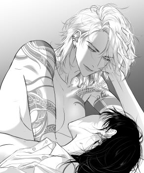 2girls absurdres breasts character_request chief_(path_to_nowhere) closed_mouth commentary_request ear_piercing earrings female_chief_(path_to_nowhere) head_rest highres jewelry large_breasts looking_at_another multiple_girls path_to_nowhere piercing t_rex_rebirth tattoo yuri zoya_(path_to_nowhere)