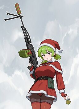 :d blush breasts brown_pantyhose capelet christmas cocktiel77 commentary_request dress explosive fur-trimmed_capelet fur_trim green_hair grenade gun hat highres holding holding_gun holding_weapon korean_commentary large_breasts looking_at_viewer machine_gun merry_christmas open_mouth orange_eyes original panties pantyhose pantyshot pkp_pecheneg red_capelet red_panties red_thighhighs rifle santa_costume santa_dress santa_hat short_dress short_hair skindentation smile thighhighs twintails underwear weapon weapon_request