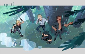 4boys adjusting_eyewear april arm_ribbon arm_tattoo black_gloves black_hair black_jacket black_pants black_ribbon black_vest blonde_hair brown_hair chest_tattoo chiou! closed_eyes collared_shirt final_fantasy final_fantasy_xv fingerless_gloves from_above full_body gladiolus_amicitia glasses gloves grey_pants hair_slicked_back ignis_scientia jacket male_focus medium_hair multiple_boys noctis_lucis_caelum open_mouth outdoors outstretched_hand pants prompto_argentum puddle rain ribbon running sharp_teeth shirt short_hair smile squatting tattoo teeth tree under_tree vest wet white_shirt