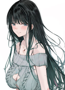1girl black_hair blush bra_strap breasts cable_knit cleavage cleavage_cutout closed_mouth clothing_cutout commentary dated_commentary ear_piercing emyo from_side grey_eyes grey_sweater highres jewelry large_breasts long_hair looking_at_viewer looking_to_the_side mole mole_on_arm mole_on_breast necklace off-shoulder_sweater off_shoulder original piercing sagging_breasts simple_background sleeveless sleeveless_sweater smile solo straight_hair sweater upper_body white_background wispy_bangs