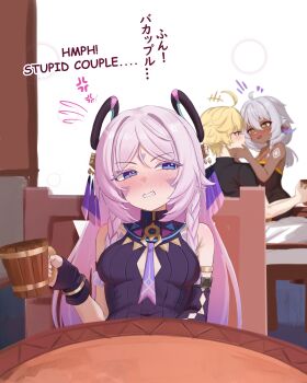 1boy 2girls aether_(genshin_impact) ahoge anger_vein bare_shoulders blonde_hair blue_eyes blush breasts citlali_(genshin_impact) clenched_teeth covered_navel cup dark_skin genshin_impact green_eyes grey_hair highres holding holding_cup iansan_(genshin_impact) long_hair mockingeu multiple_girls nose_blush pink_hair pink_pupils ring_hair_ornament small_breasts teeth upper_body very_long_hair white_background