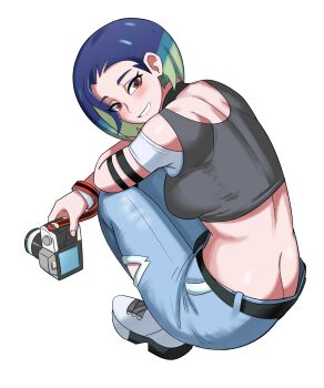 1girl armband ass back bare_shoulders black_armband black_choker blue_hair blush bob_cut breasts brown_eyes butt_crack camera choker crop_top denim downpants gradient_hair grey_shirt highres holding holding_camera jeans loose_hair_strand medium_breasts midriff multicolored_hair nintendo pants perrin_(pokemon) pokemon pokemon_sv ribbed_shirt shirt shoes short_hair shoulder_blades sleeveless sleeveless_shirt squatting undershirt watch white_shoes wristwatch ytrall