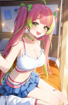 Rule 34 | 1girl, absurdres, ahoge, akabino, bandaid, bandaid on leg, bed, blue skirt, breasts, choker, cleavage, earrings, facial mark, green choker, green eyes, green hair, heart, heart facial mark, highres, hoop earrings, indie virtual youtuber, jewelry, large breasts, leg warmers, looking at viewer, navel, open mouth, pink hair, sitting, skirt, slice of toma, smile, thighs, twintails, virtual youtuber