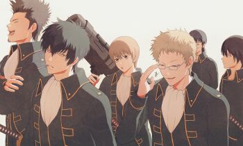 Rule 34 | 6+boys, :d, absurdres, adjusting eyewear, ascot, black hair, black jacket, black vest, blonde hair, brown eyes, brown hair, cigarette, closed eyes, collared jacket, crossed arms, facial hair, gintama, glasses, goatee, hair between eyes, highres, hijikata toushirou, holding, holding sword, holding weapon, itou kamotarou, jacket, katana, kondou isao, long sleeves, looking at another, looking at viewer, male focus, military, military uniform, mouth hold, multiple boys, okita sougo, open clothes, open jacket, open mouth, over shoulder, profile, rocket launcher, semi-rimless eyewear, sheath, sheathed, shinsengumi (gintama), short hair, simple background, smile, smoking, sword, tsuyuxxx, upper body, vest, weapon, weapon over shoulder, white ascot, white background, yamazaki sagaru