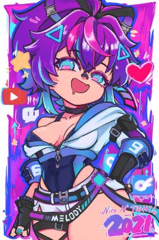 1girl absurdres bandaid bandaid_on_face bandaid_on_nose blue_eyes blue_nails blue_streaks breasts chumidraws cleavage commentary fingerless_gloves gloves hair_ornament heart heart-shaped_pupils highres indie_virtual_youtuber jacket leotard looking_at_viewer medium_breasts melody_(projektmelody) melody_(projektmelody)_(4th_costume) multicolored_hair pink_streaks ponytail purple_hair purple_leotard shorts solo streaked_hair symbol-shaped_pupils triangle_hair_ornament untranslatable_commentary virtual_youtuber white_jacket white_shorts