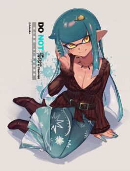 1girl aqua_hair aqua_pants belt boots breasts brown_belt cleavage closed_mouth collarbone colored_extremities commentary frilled_sleeves frills full_body hair_ornament hairclip hand_up highres inkling inkling_girl inkling_player_character jewelry jinkoika large_breasts long_hair long_sleeves necklace nintendo pants pointy_ears red_boots red_shirt shirt smile solo splatoon_(series) tentacle_hair yellow_eyes