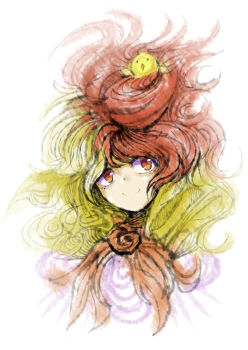 1girl 2b-ge animal animal_on_head baby_animal bird bird_on_head blonde_hair chick chinese_commentary dress highres medium_hair multicolored_hair neckerchief niwatari_kutaka on_head one-hour_drawing_challenge orange_eyes red_hair red_neckerchief sad_smile smile solo tareme touhou two-tone_hair white_dress