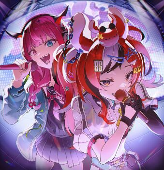 2girls absurdres animal_ear_piercing animal_ears belt belt_pouch black_gloves black_hair black_serafuku black_streaks blue_eyes blue_jacket braid commentary concert cropped_jacket demon_horns ear_chain fang fisheye flower gloves hair_between_eyes hair_flower hair_ornament hakos_baelz hakos_baelz_(casual) headphones headphones_around_neck highres holding holding_microphone hololive hololive_english horns insfidelie iridescent_clothes irys_(gaming_casual)_(hololive) irys_(hololive) jacket linked_piercing looking_at_viewer microphone midriff mouse_ears mouse_tail mr._squeaks_(hakos_baelz) multicolored_hair multiple_girls neckerchief number_hair_ornament open_mouth pentagram piercing pleated_skirt pouch red_hair red_neckerchief school_uniform screen serafuku shorts skirt stage standing star_(symbol) star_hair_ornament sunglasses tail tiles virtual_youtuber white_hair white_jacket