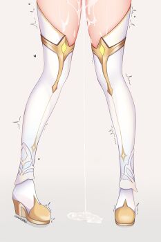 1girl after_vaginal aftersex boots cum cum_on_body cum_pool cumdrip female_focus genshin_impact high_heel_boots high_heels highleg highres leg_up legs legs_apart liquid lower_body lumine_(genshin_impact) shoes solo thick_thighs thighhighs thighs trembling unosaki2 white_background white_thighhighs