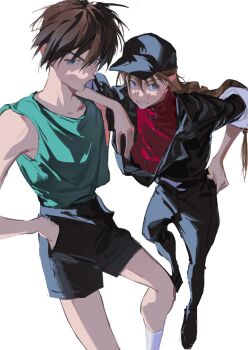 Rule 34 | 2boys, atie1225, bare shoulders, baseball cap, black hat, black jacket, black pants, black shorts, blue eyes, braid, brown hair, commentary, duo maxwell, elbow on another's shoulder, green shirt, gundam, gundam wing, hair between eyes, hand in pocket, hand on own hip, hat, heero yuy, jacket, lapels, long hair, male focus, multiple boys, pants, red shirt, shirt, short hair, shorts, simple background, single braid, smile, socks, symbol-only commentary, teeth, white background, white socks, zipper