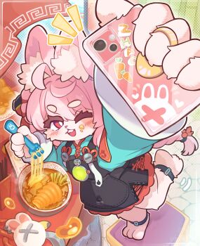 1girl absurdres ahoge animal_ear_fluff animal_ears animal_feet anklet blush bowl braid braided_twintails bright_pupils carrot commentary_request food food_on_face food_request fork furry furry_female green_shirt highres holding holding_fork holding_phone jewelry long_hair motion_lines one_eye_closed open_mouth phone pink_fur pink_hair rabbit_ears rabbit_girl red_eyes regain_(regain_illust) selfie shirt short_eyebrows solo standing standing_on_one_leg sword thick_eyebrows weapon white_pupils zenless_zone_zero zhao_(zenless_zone_zero)