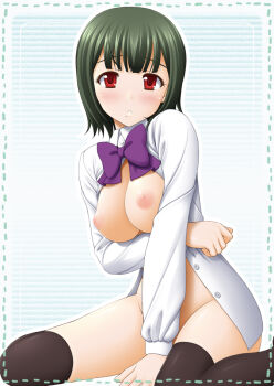 1girl blush bow breast_hold breasts female_focus idolmaster idolmaster_(classic) large_breasts mole mole_under_mouth nipples no_panties open_clothes open_shirt otonashi_kotori red_eyes shirt sin-go solo thighhighs
