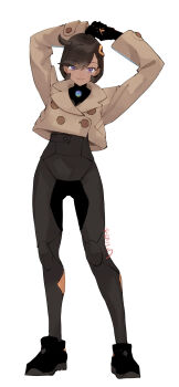 1girl arms_up black_bodysuit black_boots black_gloves black_hair bodysuit boots brown_jacket buttons commentary cropped_jacket double-breasted emma_(pokemon) full_body gloves hair_ornament highres jacket looking_at_viewer nintendo pokemon pokemon_legends:_z-a purple_eyes short_hair simple_background smile solo standing white_background yachimata_1205