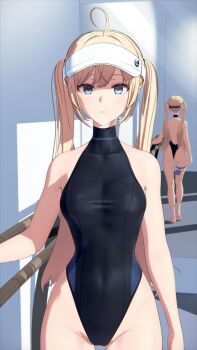 1girl 3d ahoge akehi_yuki animated armpits ass backless_leotard barefoot black_leotard blonde_hair bouncing_breasts breasts cameltoe dance_studio flexible gluteal_fold grey_eyes groin handrail heattech_leotard highleg highleg_leotard highres indoors kneepits large_breasts leotard long_hair looking_at_viewer mirror miyo_(akehi_yuki) original paid_reward_available partially_visible_vulva reflection sleeveless sleeveless_turtleneck solo split standing standing_on_one_leg standing_split tagme thigh_gap thigh_strap thighs turtleneck twintails video visor_cap