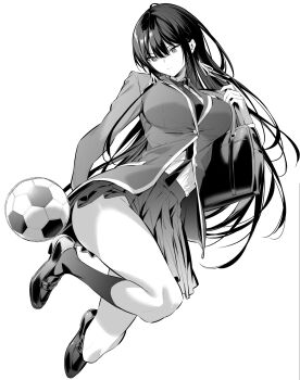 1girl ball breasts dress_shirt greyscale haite_kudasai_takamine-san highres hiiragi_yuuichi large_breasts long_hair monochrome school_uniform shirt skirt soccer_ball solo takamine_takane