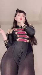 1girl adapted_costume animated asian ass ass_shake audible_music black_gloves black_hair black_leotard breasts crossed_arms curvy dancing gloves hat highleg highleg_leotard highres japanese_(nationality) leotard lips long_hair looking_at_viewer military military_uniform model pantyhose photo_(medium) ririkana small_breasts solo sound standing tagme thighhighs thong_leotard video