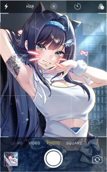 1girl absurdres aqua_headband arm_behind_head armpits black_hair blue_eyes blue_headband blue_skirt blush breasts cat_ornament chromatic_aberration cleavage clothing_cutout commentary_request d_plan drawn_whiskers fish_hair_ornament goddess_of_victory:_nikke grin hair_ornament hairband headband headset highres idol large_breasts long_hair looking_at_viewer midriff_peek mint_(nikke) open_mouth shirt skirt sleeveless smile solo taking_picture very_long_hair viewfinder
