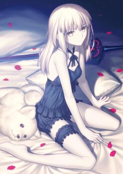 1girl artoria_pendragon_(fate) barefoot bed black_pajamas cavall_ii_(fate) commentary dark_persona english_commentary excalibur_morgan_(fate) fate/grand_order fate_(series) flower grey_hair hair_down highres looking_at_viewer magazine_scan medium_hair official_alternate_costume official_art pajamas pillow saber_alter scan stuffed_animal stuffed_toy takeuchi_takashi underwear yellow_eyes