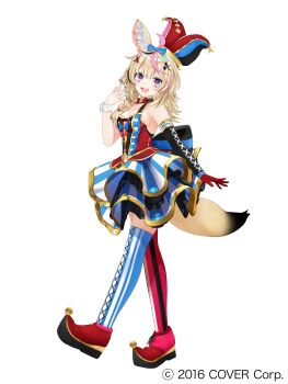 1girl 3d absurdres ahoge animal_ear_fluff animal_ears back_bow black_gloves black_hair blonde_hair blue_bow blue_nails blue_skirt blue_thighhighs blush bow bow_skirt bowtie braid breasts buttons clothing_cutout commentary_request copyright_name copyright_notice cross-laced_clothes cross-laced_gloves cross-laced_legwear detached_collar elbow_gloves facial_mark fox_ears fox_girl fox_tail full_body gloves hair_bow hair_ornament hair_over_shoulder hairclip halter_shirt halterneck hand_up hat heart heart-shaped_pupils highres hololive jester_cap layered_skirt long_hair looking_at_viewer medium_breasts miniskirt multicolored_gloves multicolored_hair multicolored_nails nail_polish navel_cutout official_art omaru_polka omaru_polka_(1st_costume) open_mouth pink_hair pink_nails pink_thighhighs pointy_shoes purple_eyes red_bow red_bowtie red_gloves red_shoes shirt shoes side_braid simple_background single_braid single_elbow_glove single_glove skirt sleeveless sleeveless_shirt smile solo standing standing_on_one_leg streaked_hair striped_clothes striped_skirt striped_thighhighs symbol-shaped_pupils tachi-e tail thighhighs tilted_headwear traditional_bowtie vertical-striped_clothes vertical-striped_skirt vertical-striped_thighhighs virtual_youtuber white_background wrist_cuffs x_hair_ornament