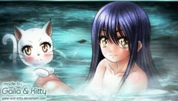 1girl armpits artist_name barefoot blue_hair brown_eyes collarbone completely_nude eyelashes fairy_tail feet female_focus flat_chest floating_leaf galia_&amp;_kitty glowing glowing_eyes happy knees_up legs loli long_hair looking_at_viewer lowres neck nude onsen outdoors partially_submerged reference_work shiny_skin side_bangs sidelocks sitting smile steam straight_hair thighs turning_head unworn_clothes water wendy_marvell wet wet_hair