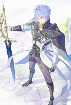 1boy absurdres antenna_hair armor black_boots black_choker black_pants black_shirt blue_cape blue_eyes bluesky_username boots cape choker coat commentary_request dawnmaker_(honkai:_star_rail) highres holding holding_sword holding_weapon honkai:_star_rail honkai_(series) knee_boots male_focus neck_tattoo neglow pants parted_bangs pauldrons phainon_(honkai:_star_rail) shirt short_hair shoulder_armor single_pauldron solo sun_symbol sun_tattoo sword tan tattoo twitter_username weapon white_coat white_hair