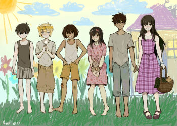 2girls 4boys absurdres alternate_costume antenna_hair artist_name aubrey_(faraway)_(omori) aubrey_(omori) bandaid bandaid_on_knee bandaid_on_leg barefoot basil_(faraway)_(omori) basil_(omori) basket black_eyes black_hair black_shoes black_tank_top blonde_hair blue_eyes brown_hair brown_pants brown_shorts closed_mouth cloud collarbone crossed_bandaids dandelion dark-skinned_male dark_skin day double-parted_bangs dress flower flower_wreath grass grey_pants grey_shirt hairband hands_on_own_hips head_wreath hero_(faraway)_(omori) hero_(omori) highres holding holding_basket holding_flower holding_stuffed_toy kel_(faraway)_(omori) kel_(omori) long_hair looking_at_viewer mari_(faraway)_(omori) mari_(omori) multiple_boys multiple_girls omori open_mouth outdoors pants parted_lips pink_dress shirt shoes short_hair short_sleeves shorts smile striped_clothes striped_shorts stuffed_animal stuffed_rabbit stuffed_toy sun sunny_(omori) t-shirt tank_top teeth umilini2 vertical-striped_clothes vertical-striped_shorts white_hairband white_shorts white_tank_top
