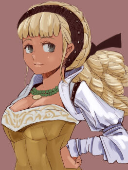 1girl ado_(adonki) blonde_hair braid breasts cleavage dark-skinned_female dark_skin donkii_(pixiv) dress elise elise_(fable) fable fable_3 female_focus green_eyes hairband hand_on_own_hip hip_focus jewelry large_breasts long_hair necklace ribbon solo