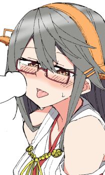 1girl absurdres bespectacled blank_censor blush brown_eyes censored cheek_press collarbone commentary_request double-parted_bangs glasses grey_hair hair_between_eyes hair_ornament hairband hairclip haruna_(kancolle) highres imminent_fellatio kantai_collection long_hair open_mouth penis penis_on_face shirt sidelocks sleeveless sleeveless_shirt solo_focus spynai_(klimatic) sweat tongue tongue_out white_shirt yellow_hairband