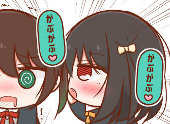 2girls @_@ black_hair black_jacket blush chibi chibi_only colored_speech_bubble commentary drooling emphasis_lines fang gradient_hair green_eyes green_hair heart jacket long_sleeves love_live! love_live!_nijigasaki_high_school_idol_club medium_hair mifune_shioriko mouth_drool multicolored_hair multiple_girls neck_ribbon nijigasaki_school_uniform nose_blush open_mouth p-man-p-man red_eyes red_ribbon ribbon school_uniform simple_background speech_bubble spoken_heart takasaki_yu trembling twintails white_background winter_uniform yellow_ribbon