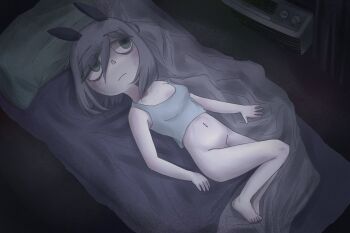 1girl absurdres air_conditioner animal_ears bags_under_eyes barefoot bed bed_sheet bedroom bottomless breasts closed_mouth crop_top curtains feet green_eyes grey_hair grey_shirt highres indoors mentha_(menthalovely) mint_(menthalovely) navel original pillow rabbit_ears shirt small_breasts solo sweat