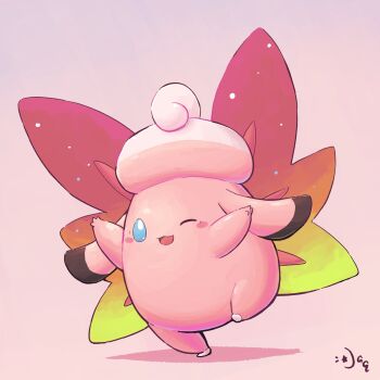 aquabluu blush blush_stickers clefable colored_skin fairy_wings full_body gen_1_pokemon gradient_wings highres looking_at_viewer mega_clefable mega_pokemon multicolored_wings nintendo one_eye_closed open_mouth pink_skin pokemon pokemon_(creature) pokemon_focus pokemon_legends:_z-a simple_background smile solo wings