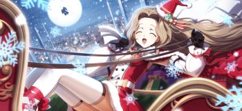 1girl ^_^ arm_up artist_request belt blue_sky blush bow bowtie box breasts brown_hair building buttons capelet chain closed_eyes code_geass code_geass:_lost_stories double-breasted dress dutch_angle facing_viewer female_focus forehead from_side full_moon fur-trimmed_capelet fur-trimmed_dress fur-trimmed_headwear fur_trim game_cg gift gift_box hair_intakes hand_up happy hat hat_bow hat_ornament highres holding holding_reins holding_sack horizon legs legs_together light_blush long_hair mecha midair moon mordred_(code_geass) night non-web_source nunnally_vi_britannia official_art open_mouth outdoors red_bow red_bowtie red_capelet red_dress red_hat red_ribbon reins ribbon riding robot sack santa_hat short_dress sidelocks silhouette sky skyscraper sleeveless sleeveless_dress sleigh small_breasts smile snowflakes snowing solo thighhighs thighs tilted_headwear white_thighhighs