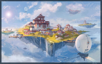 aircraft airship architecture armandeo64 bird blue_border blue_sky border cloud cloudy_sky commentary_request dirigible dock east_asian_architecture flag floating_island flock forest high_up mountain nature no_humans original outdoors palace pier river russian_commentary scenery sky stream sun thrusters town tree water waterfall