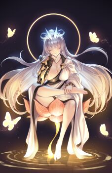 1girl barefoot black_background blunt_bangs breasts bug butterfly cleavage closed_eyes commentary_request crossed_legs crown dark_background dress flower glowing glowing_halo goddess_of_victory:_nikke halo highres insect jewelry korean_commentary large_breasts light_particles long_hair lotus lotus_position mechanical_arms nayuta_(nikke) off_shoulder prosthesis prosthetic_arm reflection revision ripples robe single_mechanical_arm sitting smile solo sparkle trhisell water white_dress white_hair
