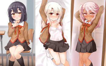 3girls black_hair blush breasts brown_eyes chloe_von_einzbern collage commentary_request dark-skinned_female dark_skin fate/kaleid_liner_prisma_illya fate_(series) hair_ornament hairclip highres homurabara_academy_school_uniform illyasviel_von_einzbern long_hair looking_at_viewer miyu_edelfelt mochi_(k620803n) multiple_girls orange_eyes pink_hair red_eyes school_uniform sidelocks small_breasts white_hair