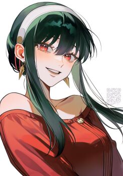 1girl black_hair commentary earrings hairband highres jewelry long_hair off_shoulder qqubbell qr_code red_eyes red_sweater simple_background smile solo spy_x_family sweater teeth white_background white_hairband yor_briar
