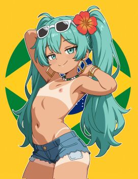 1girl armpits arms_behind_head bangle blue_eyes blue_hair bracelet brazilian_flag brazilian_miku earrings female_focus flat_chest flower hair_ornament hatsune_miku highres jewelry kazu_satou loli long_hair looking_at_viewer midriff navel necklace nipples simple_background smile solo solo_focus standing sunglasses sunglasses_on_head tan tanline thong_tanline topless_female twintails