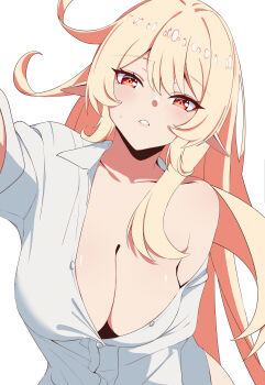1girl absurdres alice_(genshin_impact) blonde_hair breasts cleavage cowlick genshin_impact highres large_breasts long_hair looking_at_viewer orange_eyes parted_lips pointy_ears shirt simple_background single_bare_shoulder single_off_shoulder solo sylux upper_body white_background white_shirt
