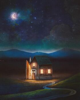 chimney door francisco_fonseca grass highres lamppost mountain night no_humans original path road rooftop sky star_(sky) window window_light