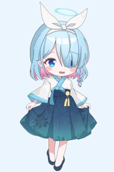 1girl alternate_costume arona_(blue_archive) blue_archive blue_eyes blue_hair blue_halo blue_shoes blue_skirt blush braid chibi chibi_only colored_inner_hair commentary_request drawing_flover floral_print floral_print_skirt full_body hair_over_one_eye hairband hakama hakama_skirt halo highres japanese_clothes kimono korean_commentary multicolored_hair open_mouth pink_hair print_skirt shirt_hold shoes skirt solo standing white_background white_hairband white_kimono