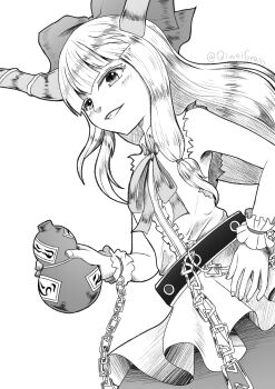 Rule 34 | 1girl, absurdres, artist name, belt, black belt, bow, center frills, chain, collared shirt, commentary request, dutch angle, frilled wrist cuffs, frills, greyscale, hair bow, highres, holding, horns, ibuki suika, light blush, long hair, low-tied sidelocks, monochrome, neck ribbon, parted lips, qcezssxx123, ribbon, shirt, sidelocks, skirt, sleeveless, sleeveless shirt, smile, solo, touhou, upper body, wrist cuffs